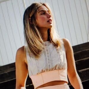 NWT Free People Oh Hey appliqué crop top, size S, orange and grey